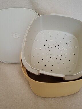 Vintage Tupperware Steam N Store Harvest Gold Bowl Lid Strainer 3 Piece Set